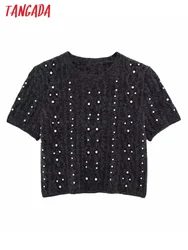 Tangada Women Beading Decorate Crop Knitted Sweater Jumper Short Sleeve Female Tops 3H572