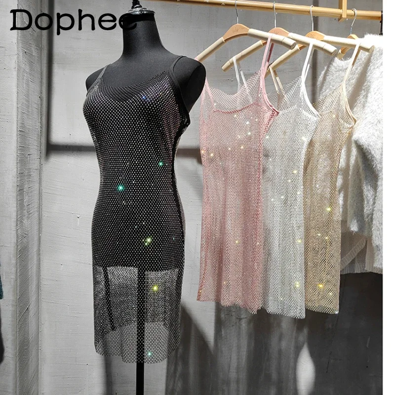 Street Disco Sexy Midi Dress 2022 Summer Light Diamond Elegant Crystal Hip Spaghetti Straps Dress Slim Fit Party Dress Nightclub