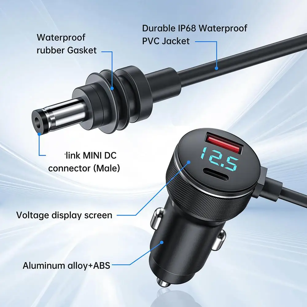 

3M DC Power Cable For Starlink Mini PD65W Fast Charge Power Cord with LED Voltmeter Digital Display Type-C USB A Port 3 in 1