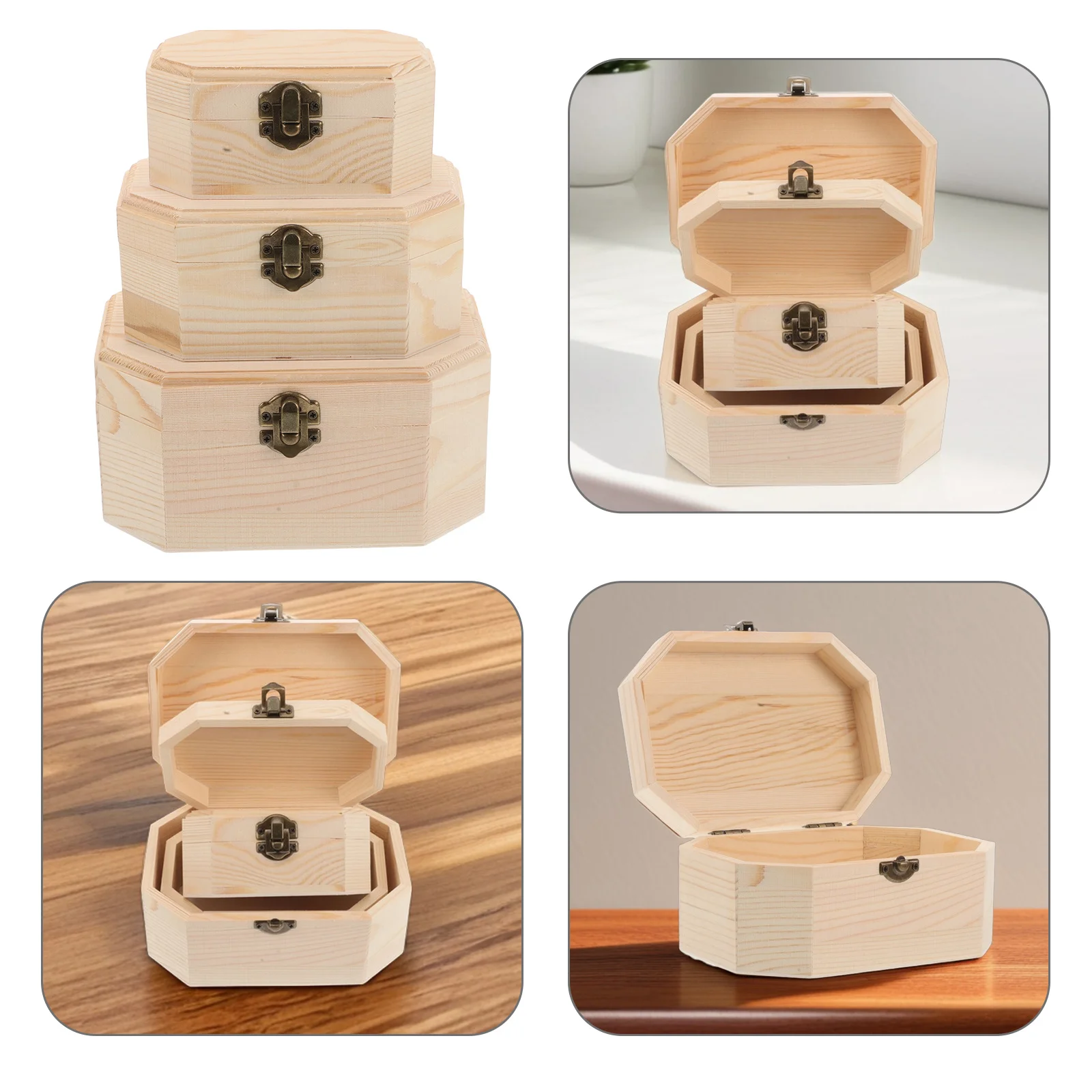 

3Pcs Wood Jewelry Box Set Handmade Octagonal Minimalist Storage Organizer Engagement Ring Box Vintage Style Jewelry Keepsake