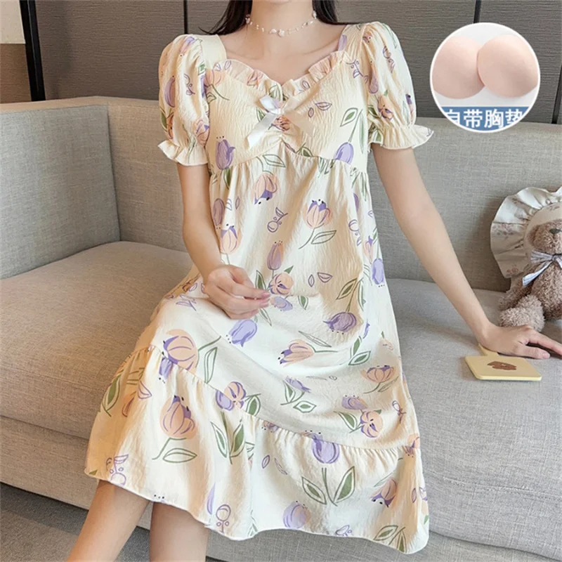 Women\'s Pajamas Dress New Printed Short Sleeve Chest Pad Cotton Nightdress Casual Summer Nightgowns For Women Sleeping Wear