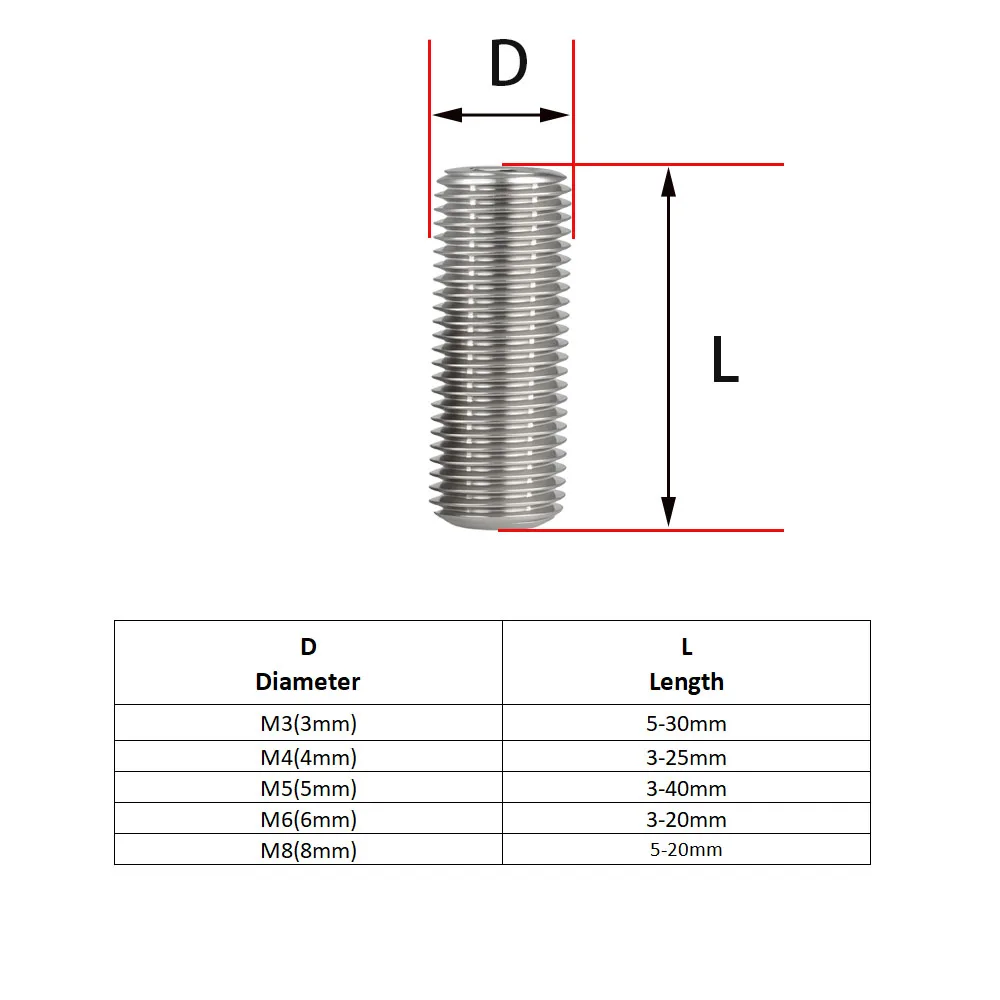 50pcs M3 M4 M5 M6 M8 DIN913 304 Stainless Steel Headless Hexagon Socket Cup Point Grub Screw Hex Socket Set Screws
