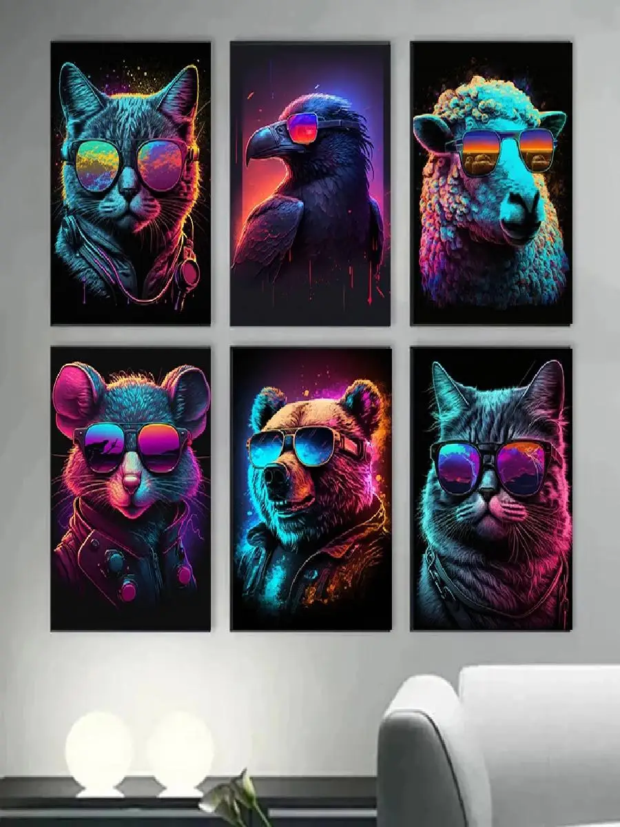 Neon Nights Cool Animals Canvas Poster with Bear  Cat in Sunglasses  Stylish Wall Art for Home  Gaming Room Decor