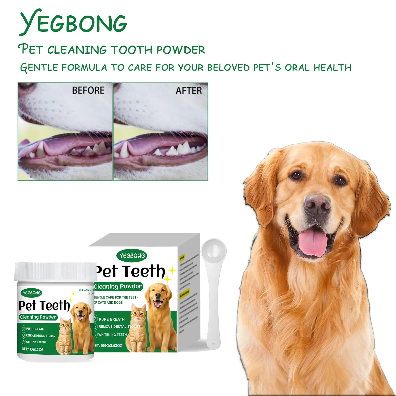 

YEGBONG Pet Teeth Cleaning Powder Removes Bad Breath, Naturally Fights AgainstTartar Odor, and Keeps Your Pet's Breath Fresh