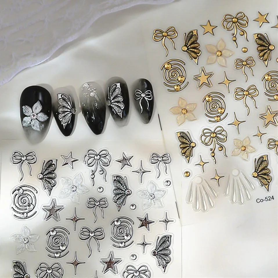 

Наклейки для ногтей CO-524 Y2K с металлической текстурой: золотые, серебряные, с бабочками, узлами, сосульками, 3D-рельефные, незаменимые для стильных девушек