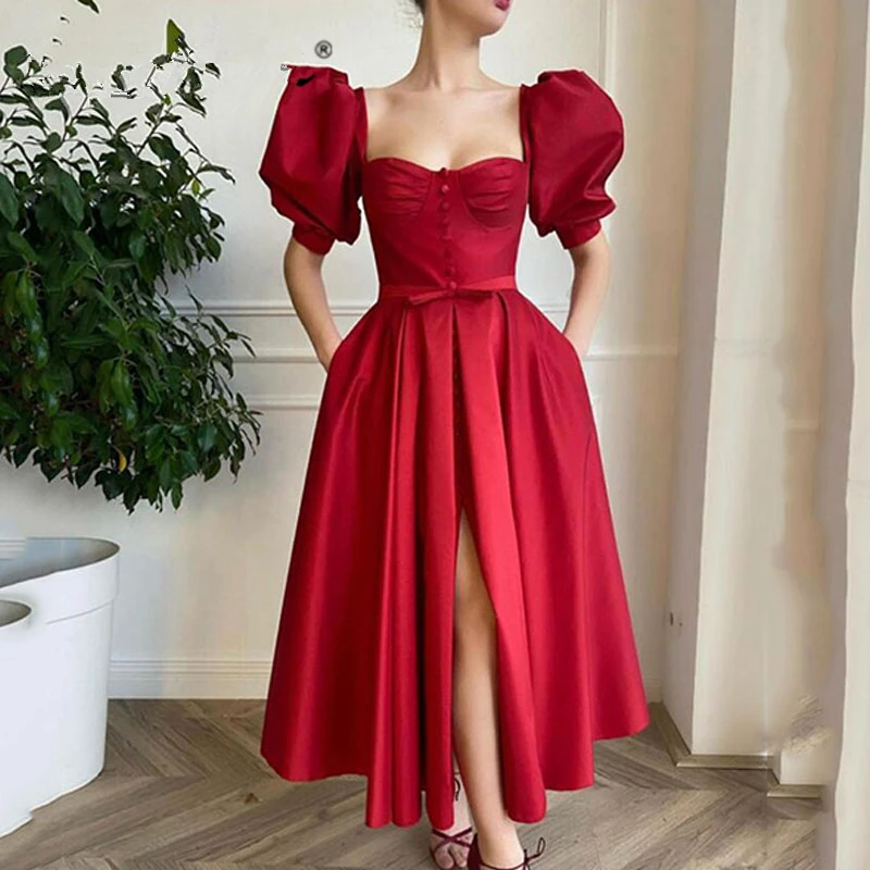 

Customized Evening Dress Wine Red Satin Square Collar Short Puffy Sleeves Pleat A-Line Plus size Women Formal Party Gown H847
