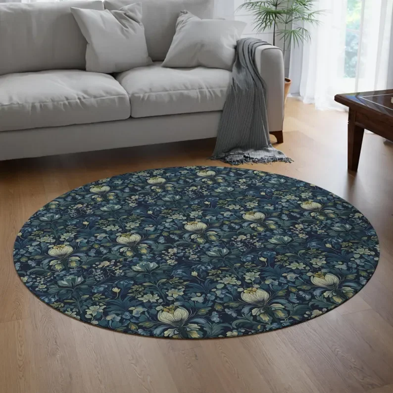 

Round Rug – Gold Floral Pattern, Elegant Floor Mat for Living Room, Bedroom or Kitchen