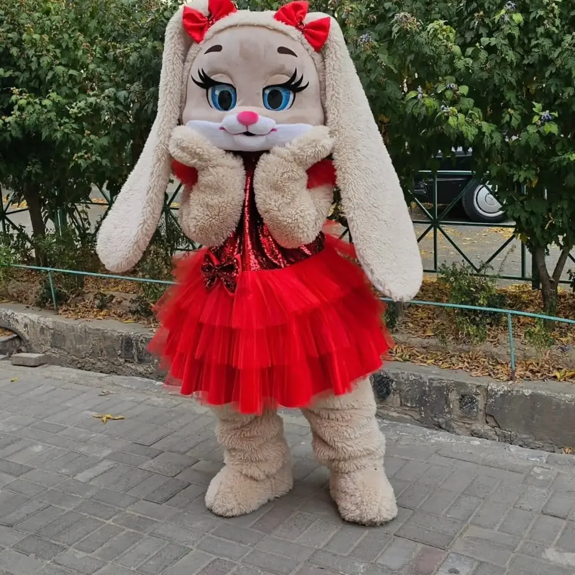 Cute Brown Hare Rabbit Mascot Costume with Red Dress Long Ears Halloween Christmas Fancy Cartoon Plush Fancy Outfits view 4