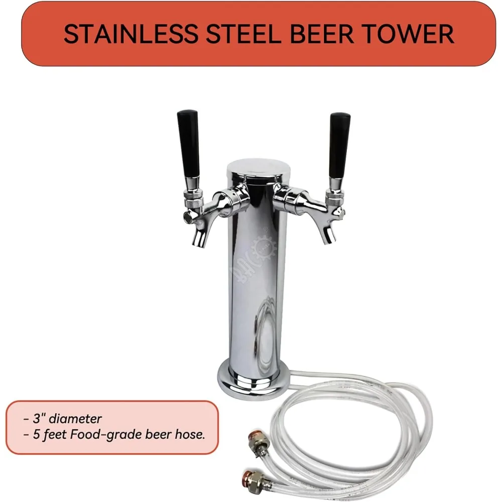 Double Faucet Tower Beer Kegerator Conversion Kit with Dual Gauge Regulator, No Tank Stainless Steel Keg Tower