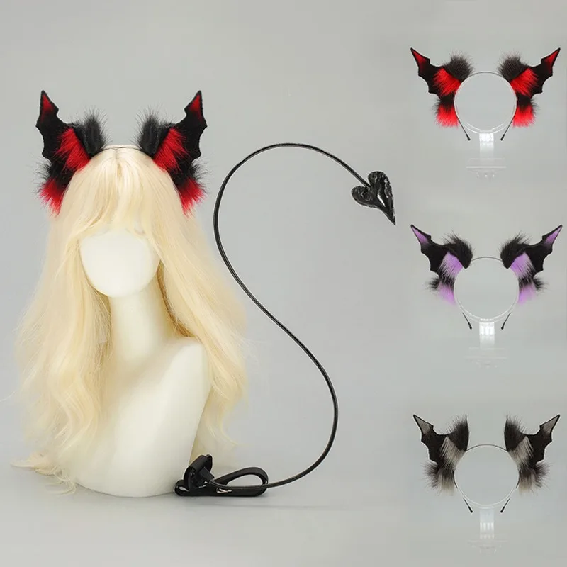

Handmade Halloween Dark Bat Ear Headpiece Comic-Con Moldable Devil Tail Set Role-playing party Sweetheart Bat Tail Cosplay Pros