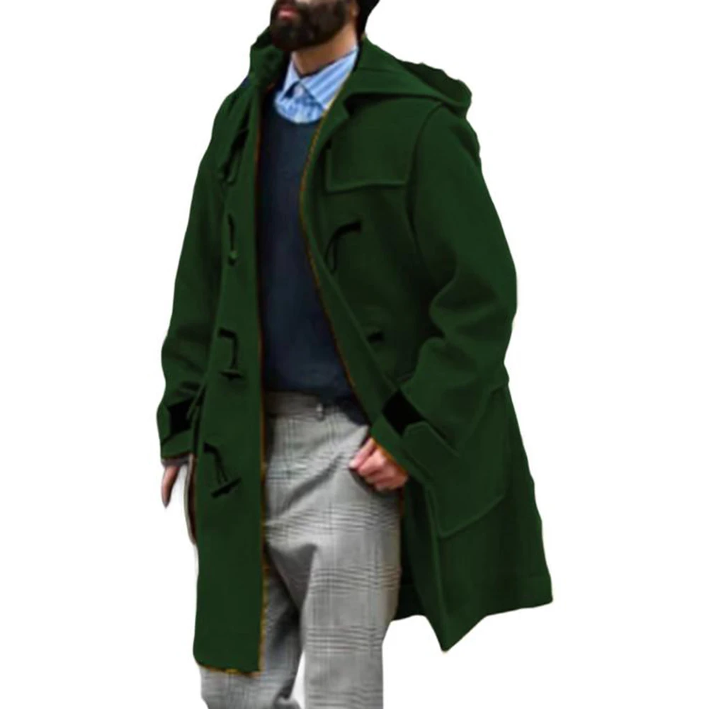 Men\\\'s Thickened Woolen Hooded Coat Buckle Jacket Classic Trench Design Suitable for Office Daily and Vacation Use