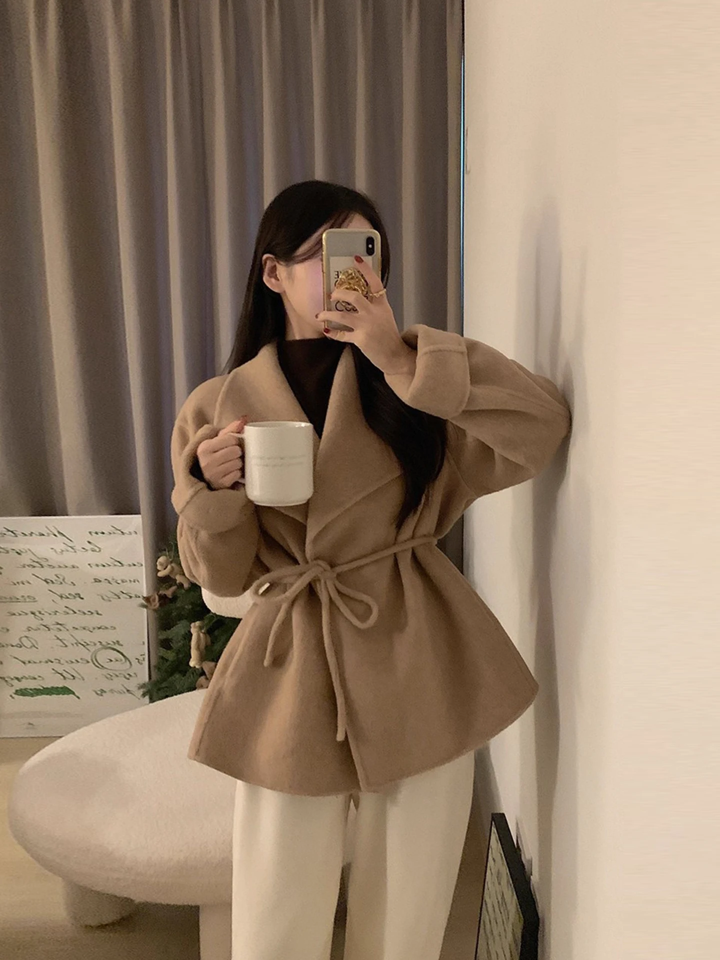 

Ele Woolen Coat Women's Winter New Sle Belted Waist Flap Collar Tie Drape Lapel Pure Color Korean Sle Long Sve Top