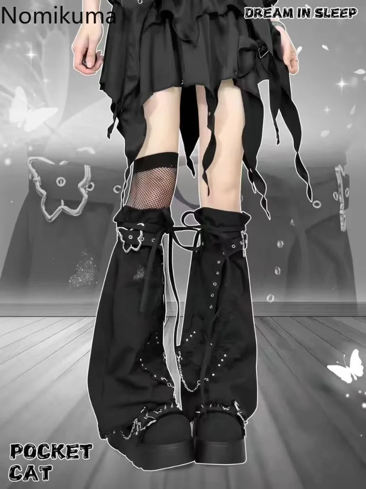 

Streetwear Punk Butterfly Denims Leg Warmer with Buckled Belted Chain Japanese Harajuku Boot Cover Flared Long Sock for Womens