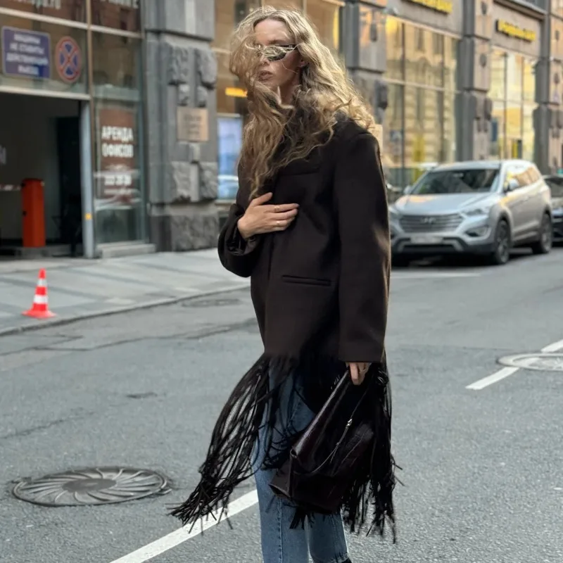 EAEOVNI Cappotto lungo in lana con nappa vintage per donna Design alla moda Giacca in tinta unita con bottone singolo Office Lady Autunno Inverno 1A282