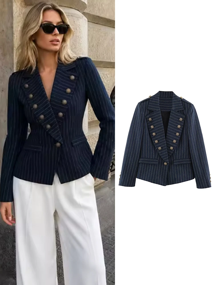 TFMLN 2026 Women Striped Blazer Lapel Collar Chic Button Decor Retro Slim Fit Cropped Suit Jacket Casual Outerwear Female