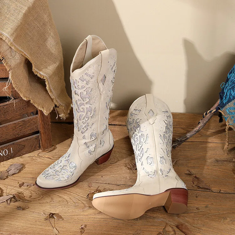 IPPEUM White Cowgirl Boots scarpe con tacco grosso al ginocchio strass Wedding Botas Femininas Country stivali da Cowboy per le donne