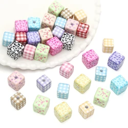 2pcs 14/16mm Acrylic Square Loose Spacer Beads Plaid Flower Bow Printed Beads Charms For Jewelry Making DIY Bracelet Phone Chain