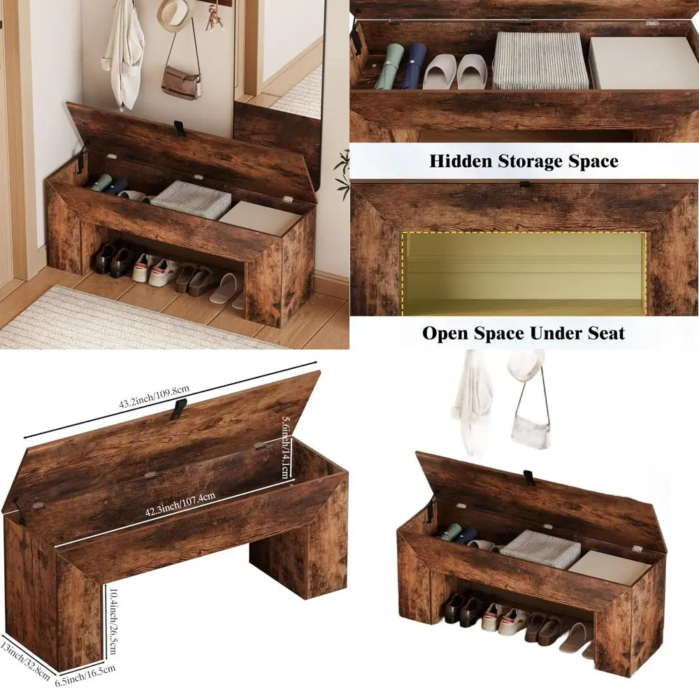 43 Farmhouse Shoe Storage Bench with Lift Top, Wooden Entryway Furniture for Bedroom, Hallway (Rustic Brown)