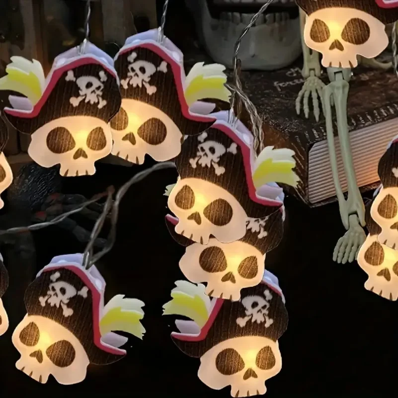 1pc 10/20 LED Halloween Pirate Skull String Lights Indoor Decorative Lamp Battery Powered Lights Suitable For Home Garden Decor