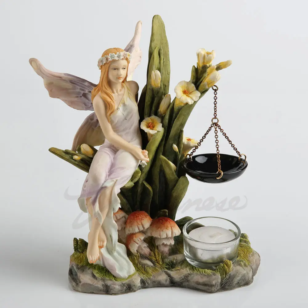 Flower Garland Wing Fairy Aromatherapy Candle Holder Resin Figurine Fantasy Garden Elf Mushroom Flower Base Home Desktop Decor