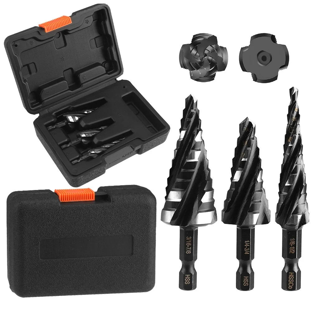 

Step Drill Bit Set 3Pcs Four Spiral Flute Step Bits for Metal 34 Sizes Titanium-Coated HSS Drill Bits Set with 1/4" Hex Shank