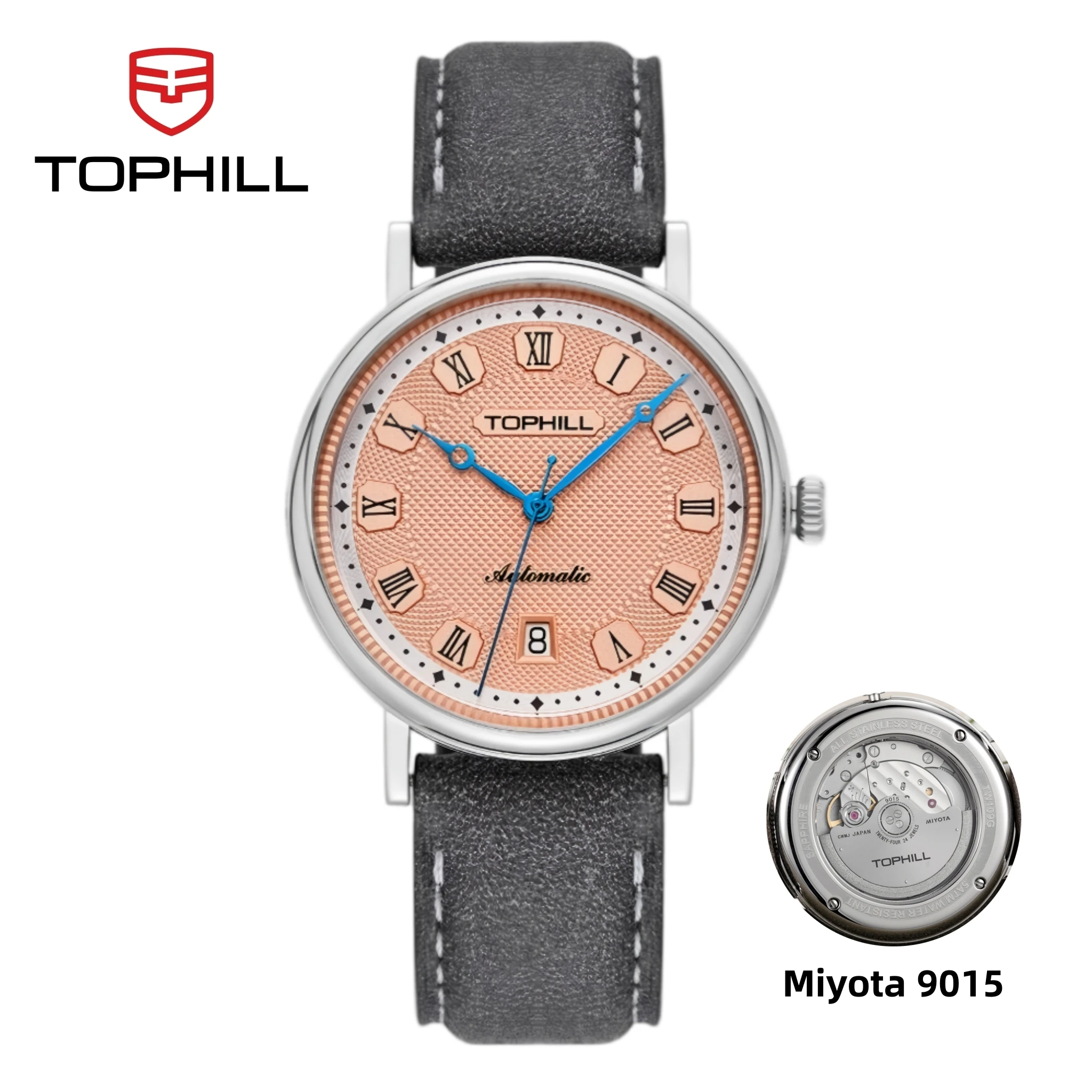 TOPHILL Herrenuhr, automatisch, Business-Stil, 40 mm, Miyota 9015, 3D-Zifferblatt mit Öldruckmuster, Gehäuse mit Münzkantenrand, römische Ziffer 6H, Datum, TA016G.C