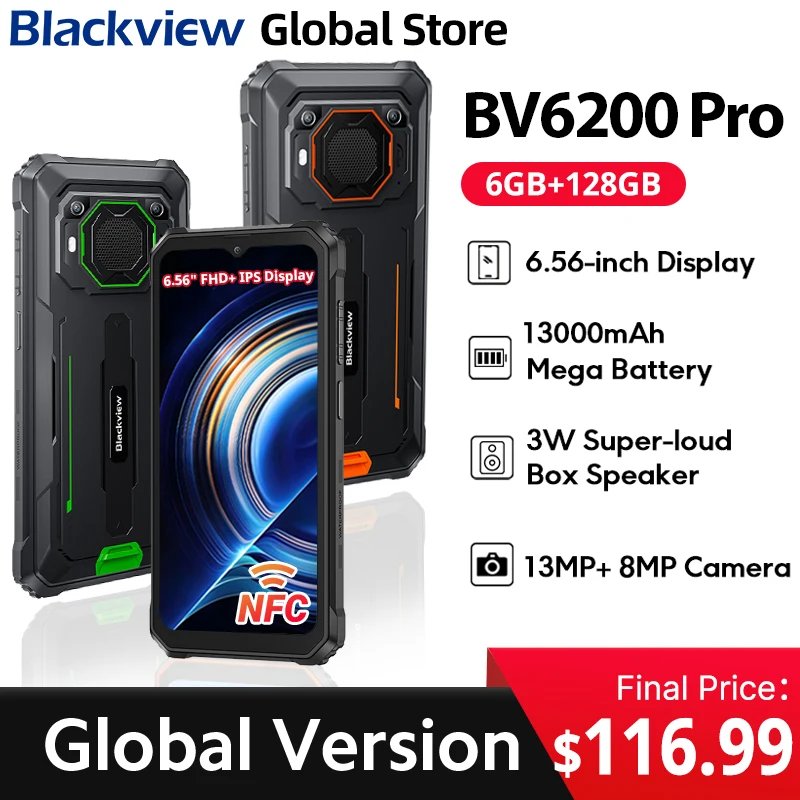 Blackview BV6200 Pro Rugged Phone 6.56'' FHD+ IPS Display IP69 13000mAh Battety 18W Fast Charg 13MP Camera 128GB NFC Android 13