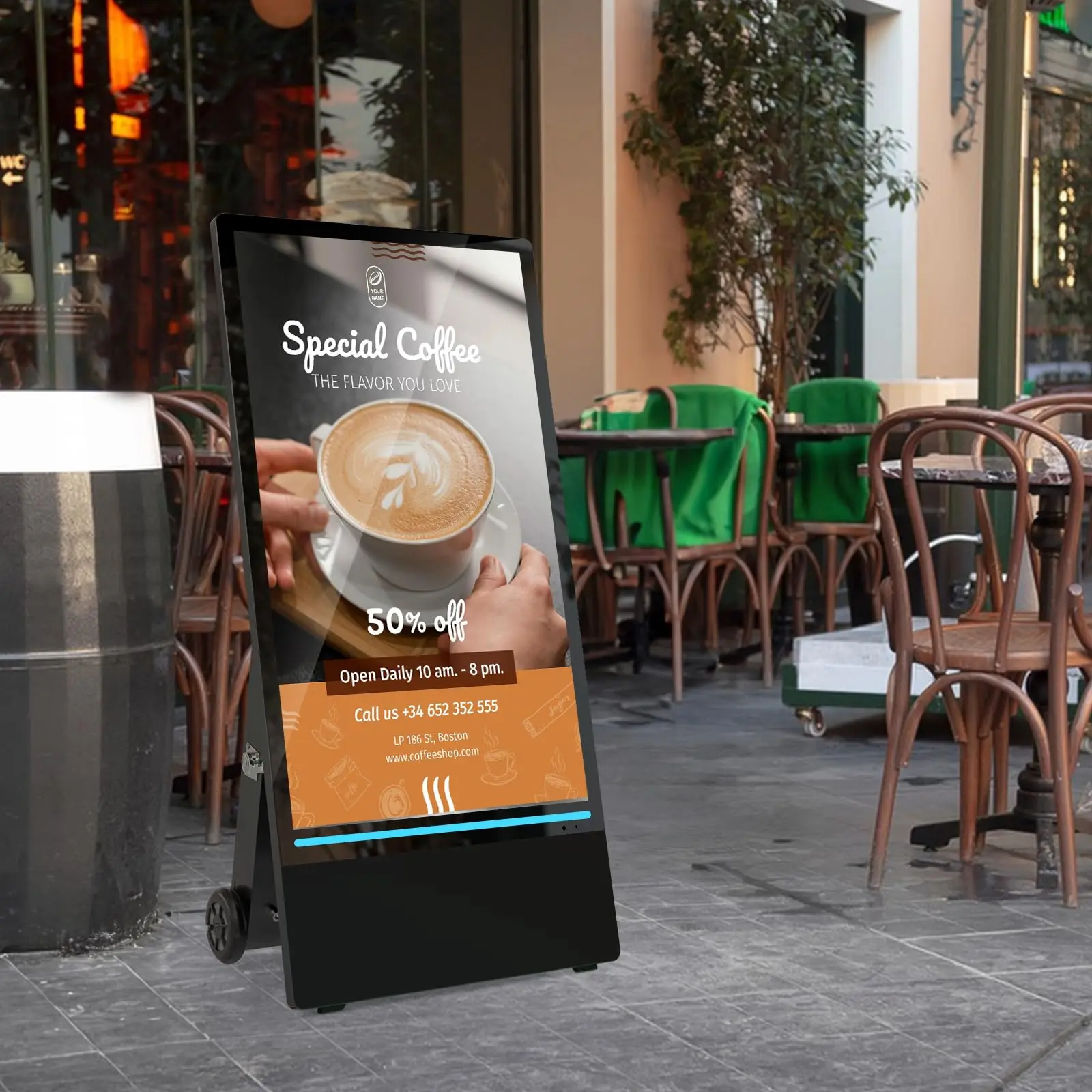 شاشات لافتات رقمية محمولة قابلة لإعادة الشحن مقاس 43 بوصة من MWE، مقاومة للماء IP55، شاشة مقسمة LCD ذكية، كشك متحرك