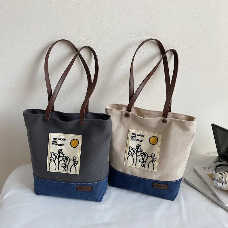 

Корейская парусиновая женская сумка на плечо, большая студенческая сумка-тоут, сумка-шоппер, 2022, большая модная сумка для книг из хлопчатобумажной ткани для девочек, женские сумки