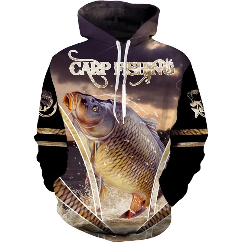 New 3D Printing Carp Fishing Men\'s Hoodie Fashion Outdoor Camping Pullover Clothing Wild Fishing Enthusiast Hooded Sweatshirt