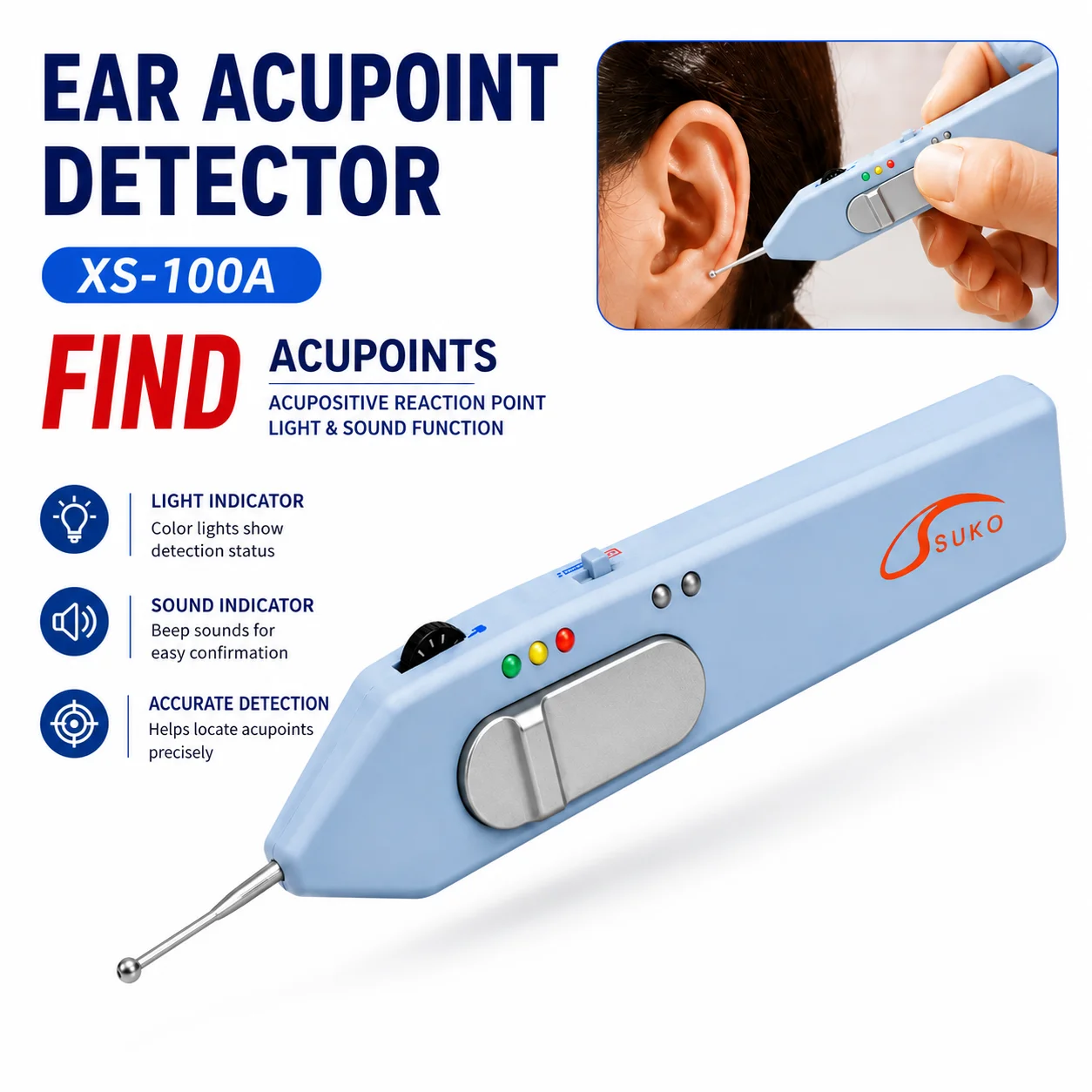 Ear Acupoint Detector Pen Acupuncture Point Finder Auriculotherapy Locator Probe Light Sound Indicator Portable Battery Powered