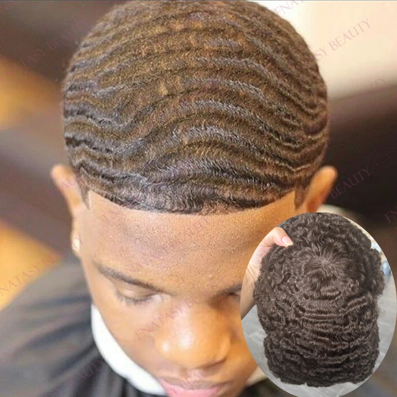 

Durable 10mm Deep Wave Fine Mono NPU Mono Base Afro Black Man's Human Hair Toupee #4 Light Brown Natural Hairline Man Hairpieces