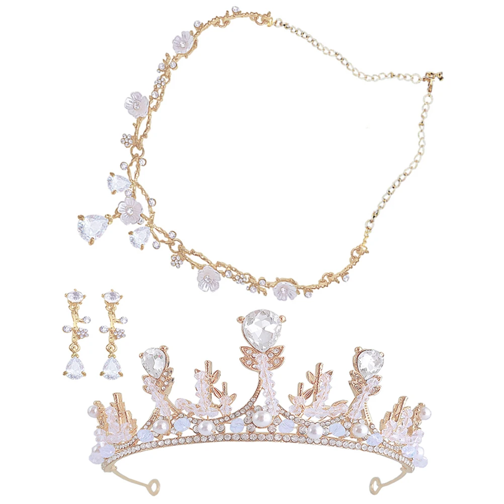 

1 set Children's Crown Necklace Ear Clips Set Rhinestone Jewelry Kit for Little Girls Birthday Party Costume Zinc Alloy Design