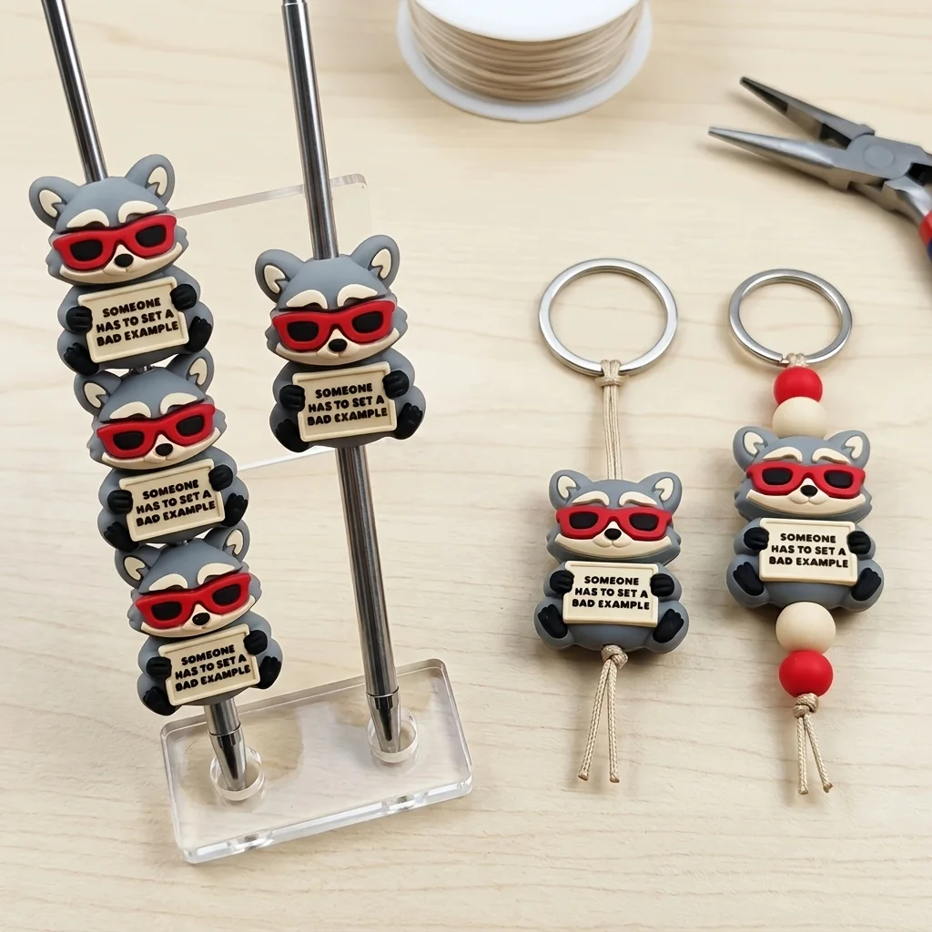 6Pcs New 3D Raccoon Silicone Focus Beads with Red Sunglasses Tag, Loose Beads for DIY Beaded Pen & Jewelry Making