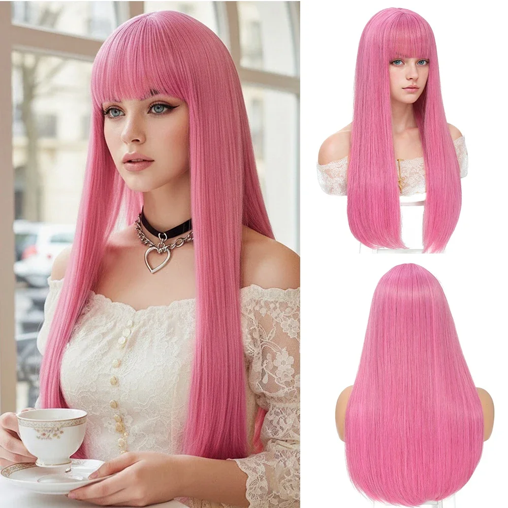

Long Straight Sakura Powder Synthetic Wig with Bangs for Women Cosplay Lolita Halloween Party Pink Fake Hair Heat Resistant