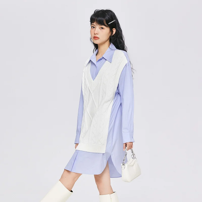 Semir Dress Women Pointed Collar Stitching Fake Two-Piece Split 2022 Autumn New Oversize Literary Dress Gentle