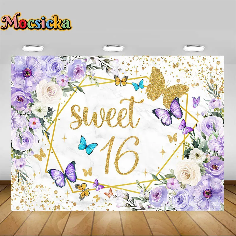 Girl 16th Birthday Photo Backdrop Purple Butterfly Flower Gold Dots Party Decoration Photography Background Text Customizable