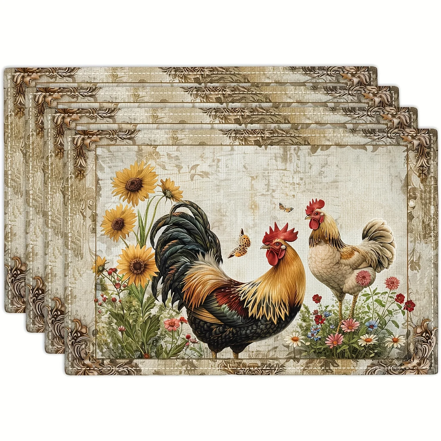 Farmhouse Rooster Placemats,Vintage Country Chicken&Daisy Flower Design, Polyester Woven Table Mats for Kitchen,Machine Washable