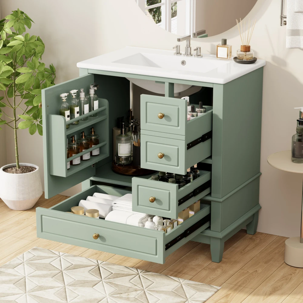

30 Inch Sage Green Vanity with Sink,Bathroom Sink Cabinet,Drop-in with Integrated Countertop,Storage Door Organizer & 3 Drawers