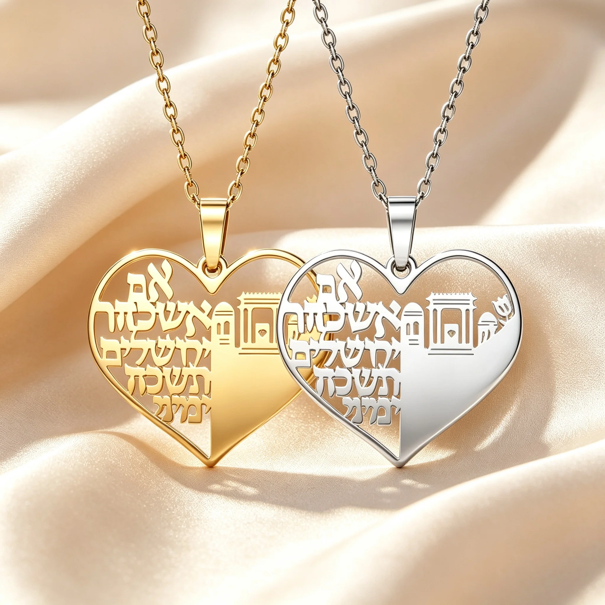 Stainless Steel Heart Holy Beit Necklace Hebrew Psalm Jerusalem Pendant Jewish Faith Temple Religious Jewelry Gift