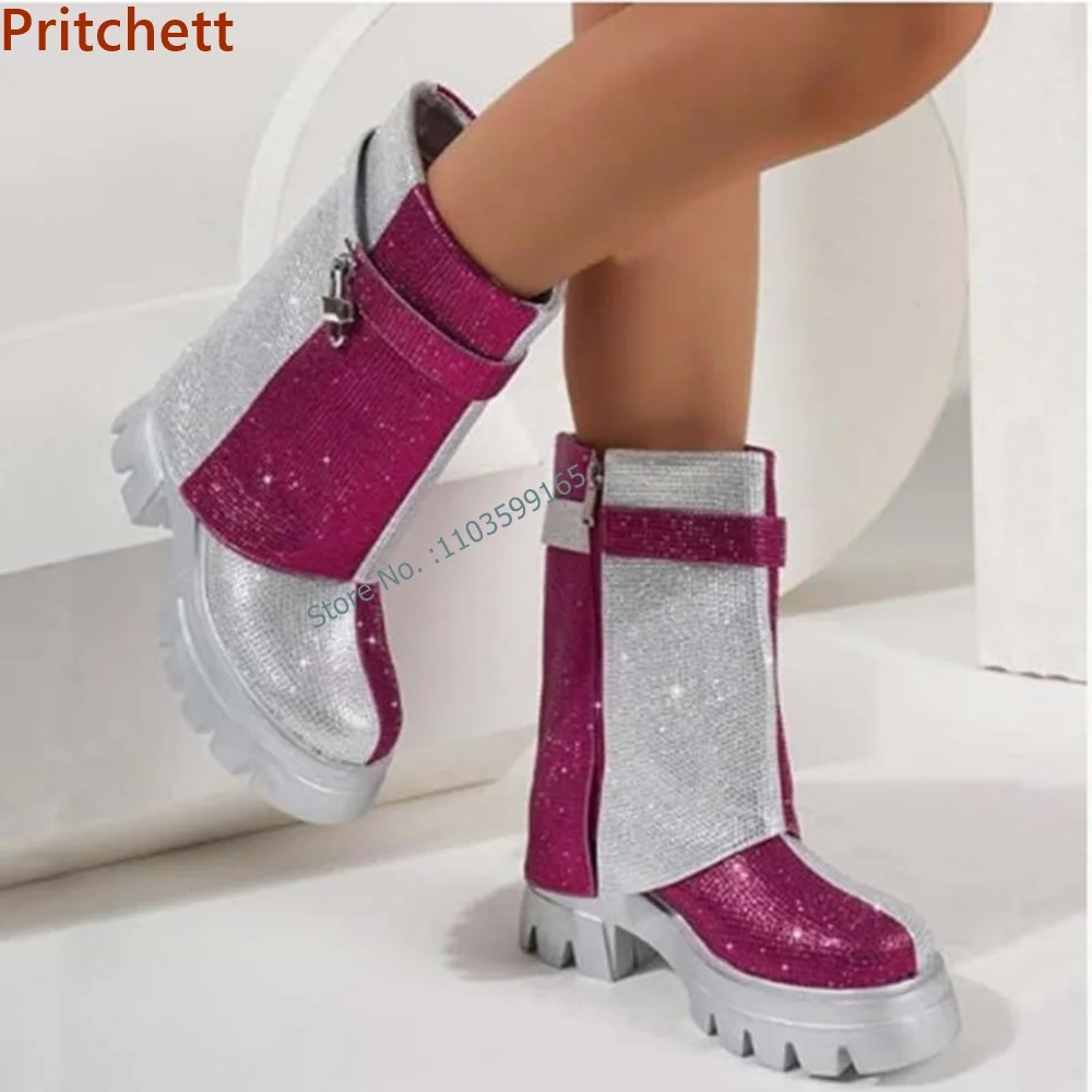 Lock Patchwork Crystal Mid Calf Boots Round Toe Thick Soled Side Zipper Mixed Color Women's Shoes Spring Bling Modern Shoes