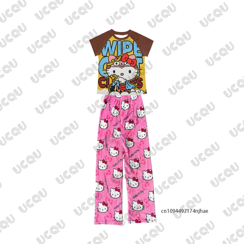 女性のズボン ジャージ 漫画 ハローキティ Y2K ゴシック プリント Tシャツ + パジャマ パンツ セット カジュアル カップル スーツ 2 ピース 衣装