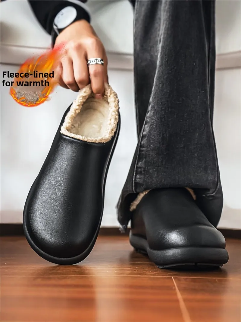 Thickened Cotton Slippers for Men Indoor Outdoor Wear Winter Home Shoes Anti- Slip Warm Casual Style Fleece Lined Rubber Sole