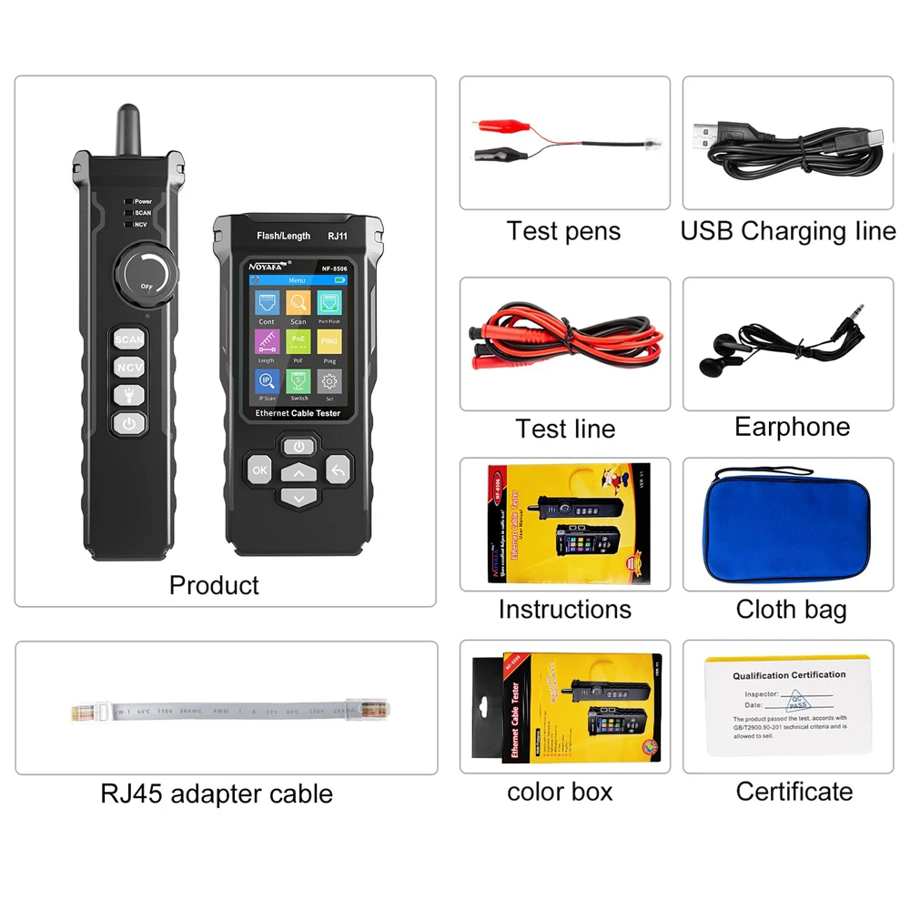 NOYAFA Netwerkkabeltester NF-8506 Kabel Tracker Ondersteuning PING-test / IP-scan / Poe Meetlengte Wiremap Tester Networt Tools