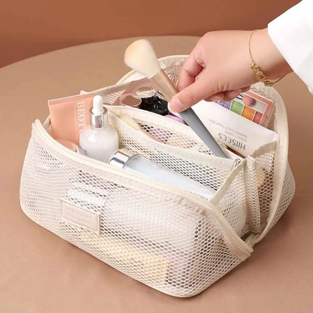 

Casual Solid Color Mesh Cosmetic Bag Shell Large Capacity Transparent Makeup Bag Zipper Toiletry Bag Pillow Makeup Pouch Lady