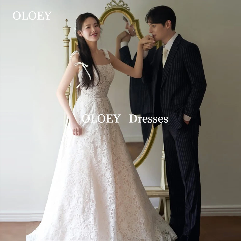 

OLOEY Luxury Lace A Line Wedding Dresses Korea Photoshoot Spaghetti StrapsFloor Length Bride Gowns Customized vestidos de novia