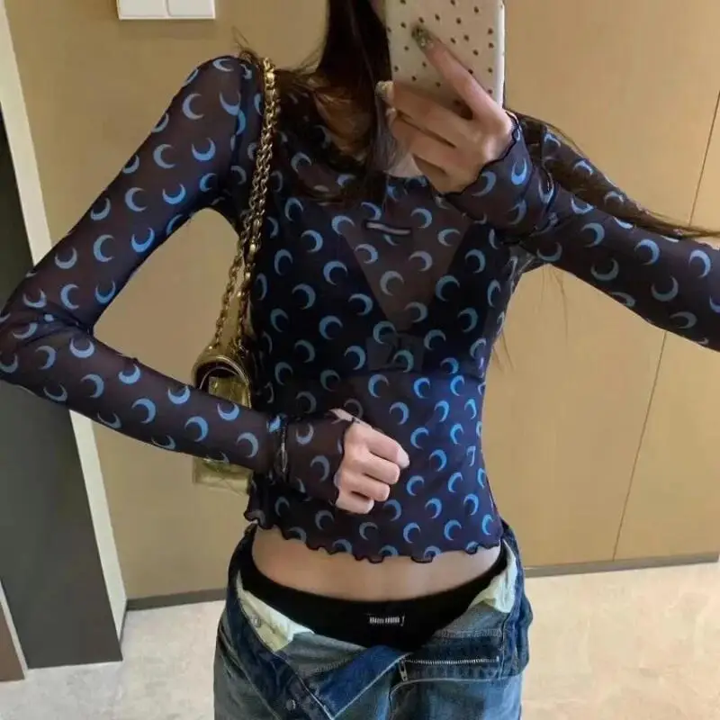 

Casual Sheer Shirt Women Long Sleeve Mesh Crop Top Slim Elastic Blouse Y2K Sexy Ruffles T Shirt