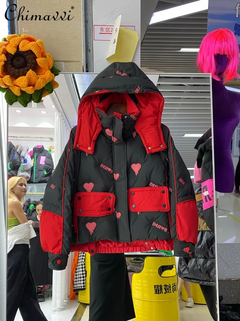 2024 Winter New Down Jacket Short Hooded Thickened Warm White Duck Down Love Printed Jacket For Women