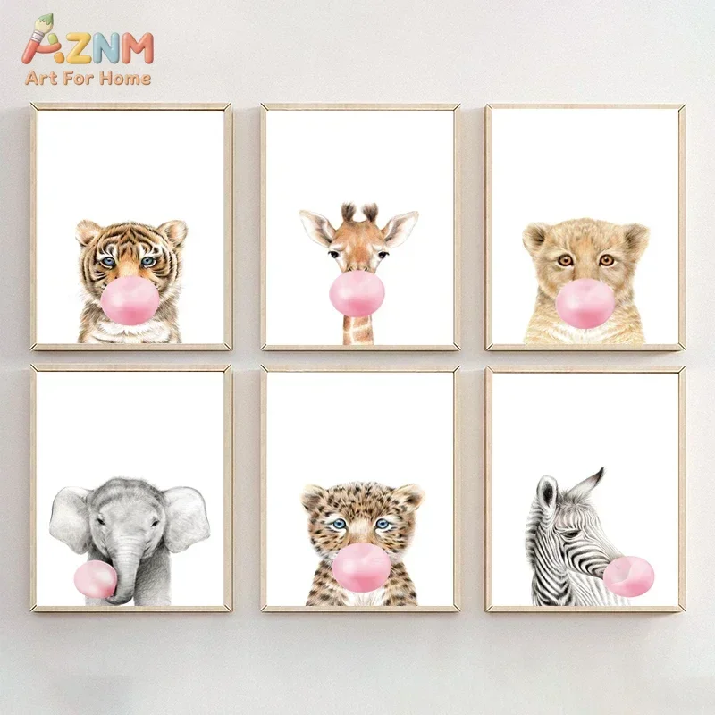 AZNM Watercolor Safari Animal Canvas Wall Art Cute Baby Wildlife Blowing Pink Bubblegum Tiger Giraffe Lion Elephant Zebra Print