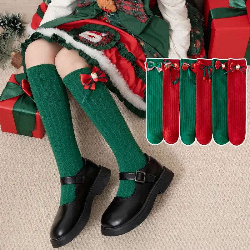 Kids Children's Red Green Stockings  for Girls Boys Thicken Print Cotton  Baby Christmas Socks with Bowknot  Long Socks Stocking